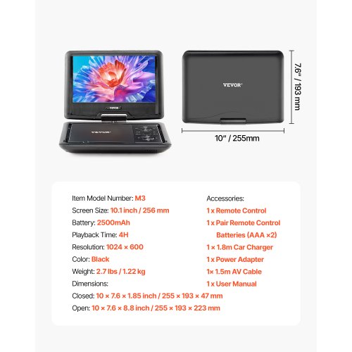 Portable DVD Player 256 mm HD Swivel Screen 4 Hour Battery Life