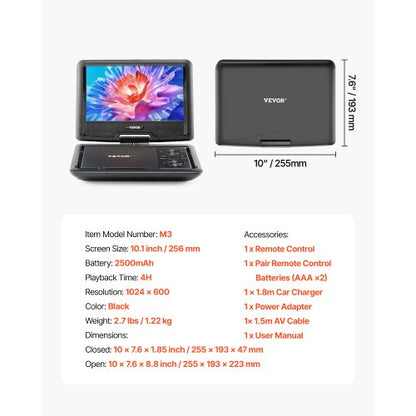 Portable DVD Player 256 mm HD Swivel Screen 4 Hour Battery Life