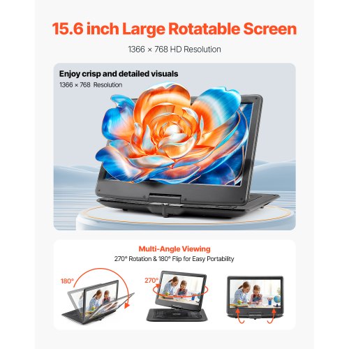 Portable DVD Player 396 mm HD Swivel Screen 4.5-5 Hours Battery Life