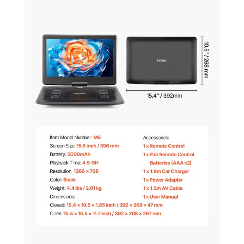 Portable DVD Player 396 mm HD Swivel Screen 4.5-5 Hours Battery Life
