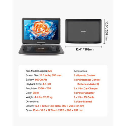 Portable DVD Player 396 mm HD Swivel Screen 4.5-5 Hours Battery Life
