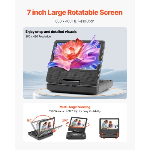 Tragbarer DVD-Player, 178 mm schwenkbarer Bildschirm, 4 Stunden eingebauter Akku