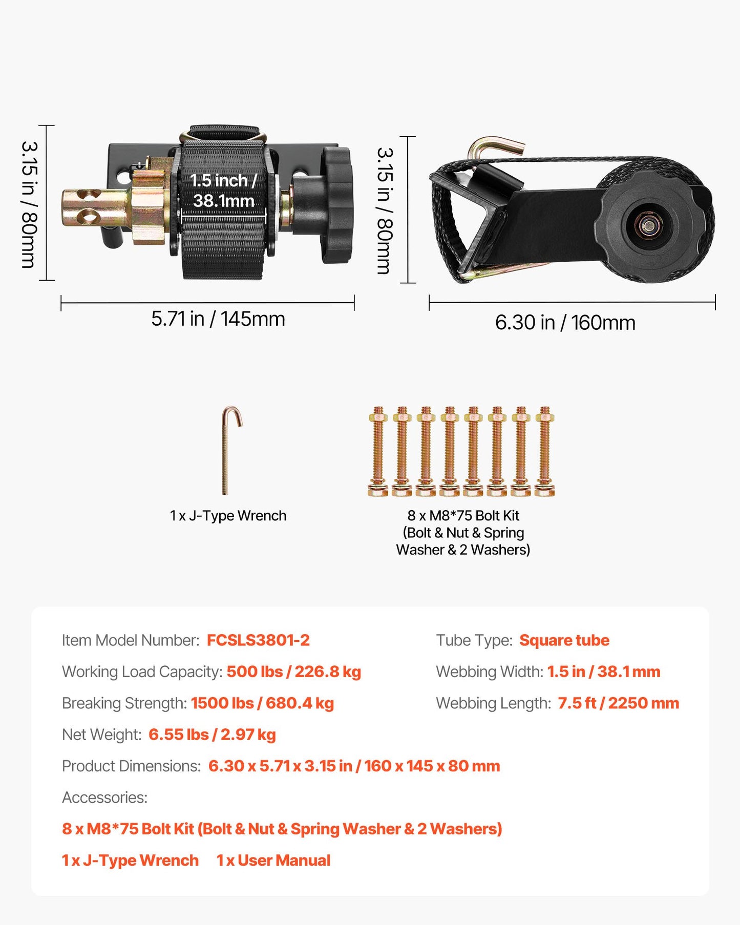 Ladder Rack Ratchet Straps, Black Square Tube Mount, 1.5 in Wide x 7.4 ft Long Black Ladder Rack Straps with Double J-Hooks, 500 lbs Load Heavy Duty, Cargo Buckle Lock Strap (2 Pack)