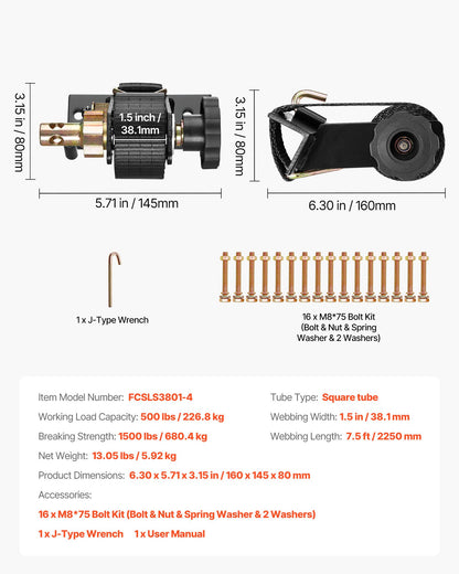 Ladder Rack Ratchet Straps, Black Square Tube Mount, 1.5 in Wide x 7.4 ft Long Black Ladder Rack Straps with Double J-Hooks, 500 lbs Load Heavy Duty, Cargo Buckle Lock Strap (4 Pack)