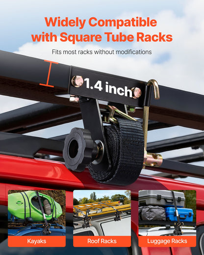 Ladder Rack Ratchet Straps, Black Square Tube Mount, 1.5 in Wide x 7.4 ft Long Black Ladder Rack Straps with Double J-Hooks, 500 lbs Load Heavy Duty, Cargo Buckle Lock Strap (8 Pack)
