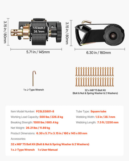 Ladder Rack Ratchet Straps, Black Square Tube Mount, 1.5 in Wide x 7.4 ft Long Black Ladder Rack Straps with Double J-Hooks, 500 lbs Load Heavy Duty, Cargo Buckle Lock Strap (8 Pack)