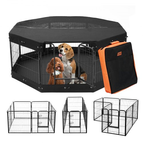 Dog Playpen, 8 Pcs 24 x 24 in Panels Foldable Metal Pet Exercise Pen, Dog Fence Indoor and Outdoor Pen with Door, Storage Bag, Top Cover and Bottom Pad, for Dogs, Cats and Other Small Animals