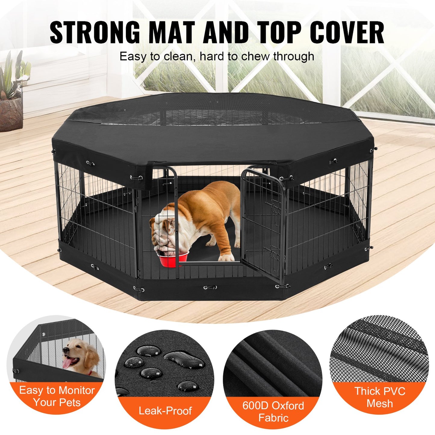 Dog Playpen, 8 Pcs 24 x 24 in Panels Foldable Metal Pet Exercise Pen, Dog Fence Indoor and Outdoor Pen with Door, Storage Bag, Top Cover and Bottom Pad, for Dogs, Cats and Other Small Animals