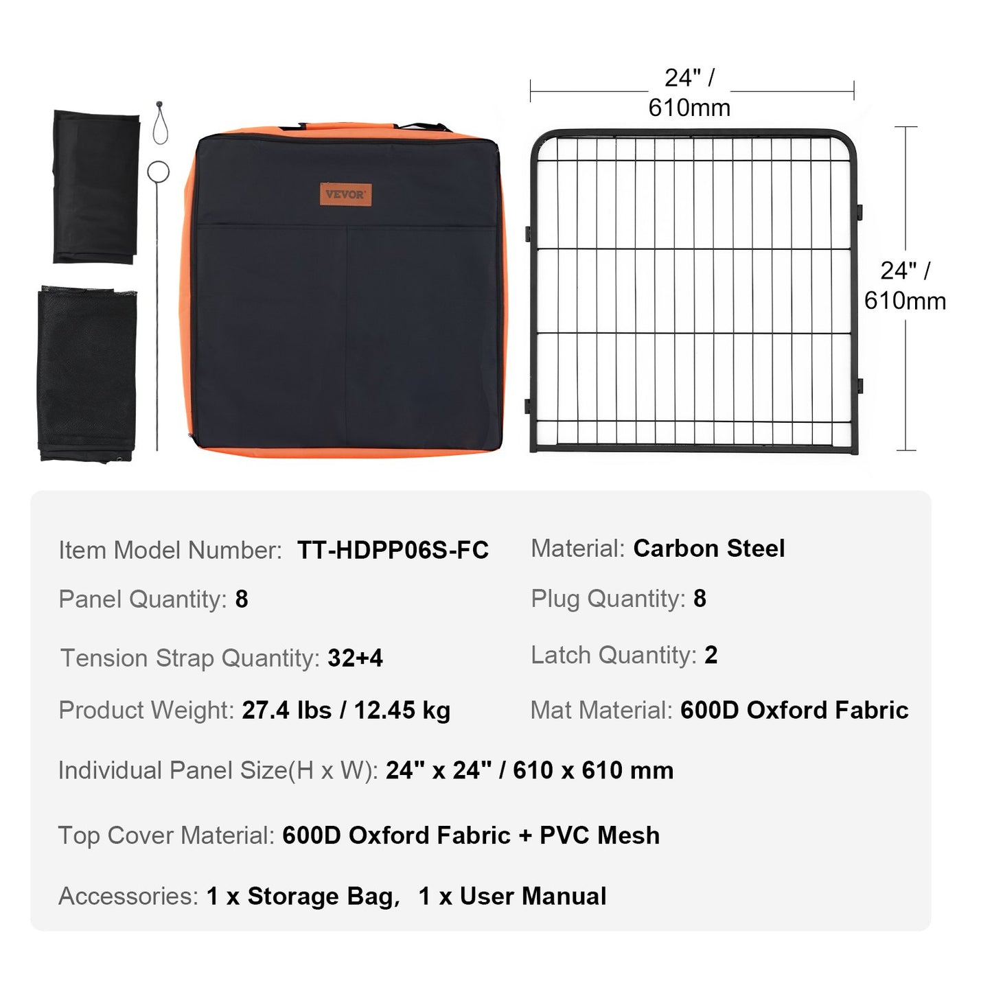 Dog Playpen, 8 Pcs 24 x 24 in Panels Foldable Metal Pet Exercise Pen, Dog Fence Indoor and Outdoor Pen with Door, Storage Bag, Top Cover and Bottom Pad, for Dogs, Cats and Other Small Animals