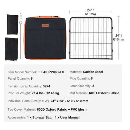 Dog Playpen, 8 Pcs 24 x 24 in Panels Foldable Metal Pet Exercise Pen, Dog Fence Indoor and Outdoor Pen with Door, Storage Bag, Top Cover and Bottom Pad, for Dogs, Cats and Other Small Animals