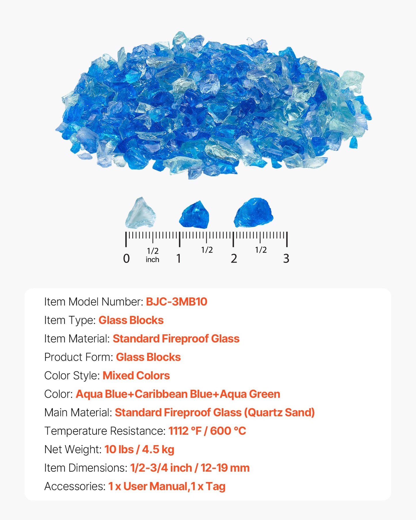 Fire Glass, 10 LBS / 4.5 KG Fireplace Rocks, 3/4-Inch / 19.05 mm Reflective Firepit Glass Rock, High Luster Stone Landscaping for Fire Pit Table, Aqua Blue + Caribbean Blue + Aqua Green