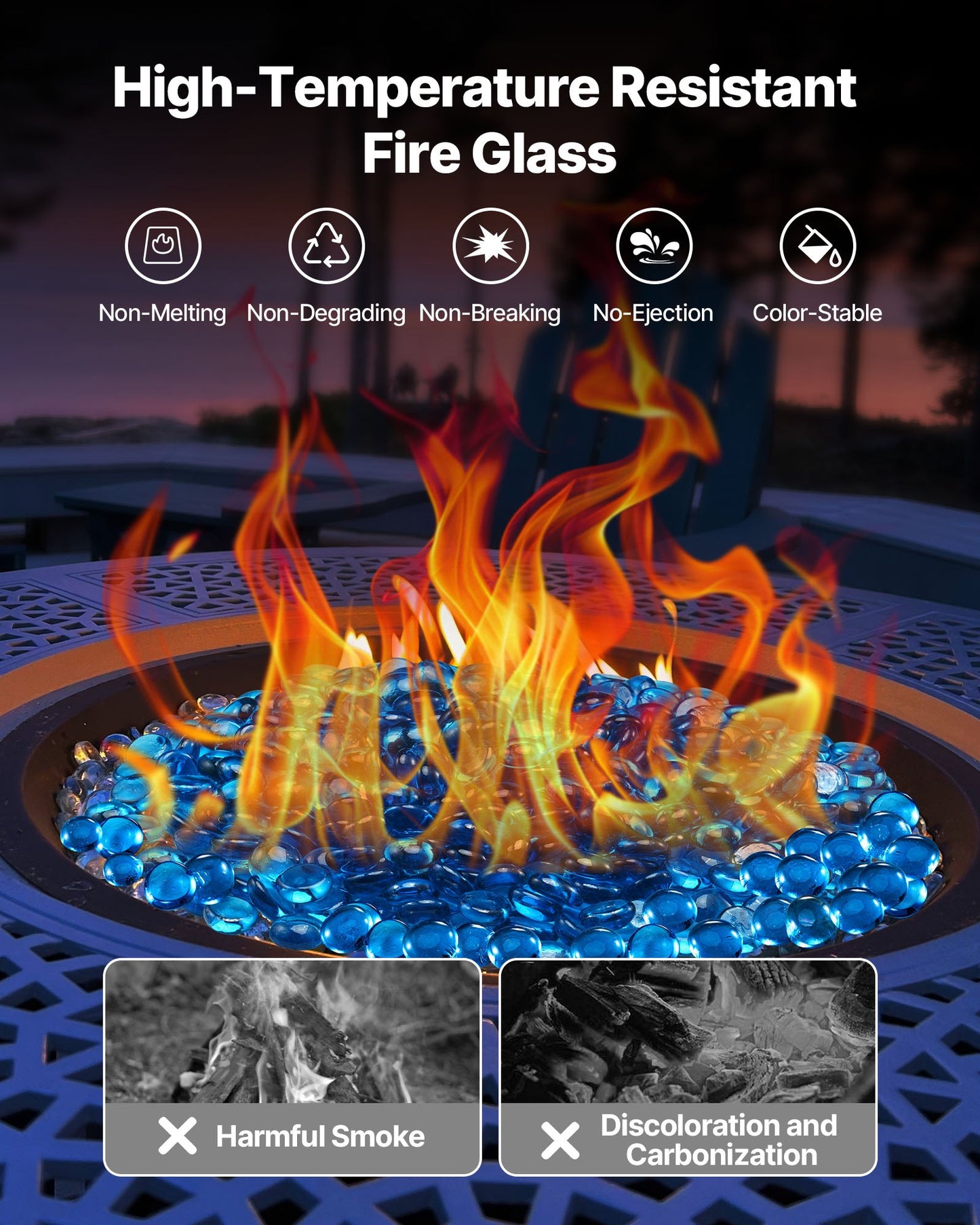 Fire Glass, 20 lbs / 9.0 kg High-Temperature Resistant Fireplace Rocks, 3/4-Inch / 19.05 mm Reflective Firepit Glass Beads, High Luster Stone Landscaping for Fire Pit Table, Caribbean Blue