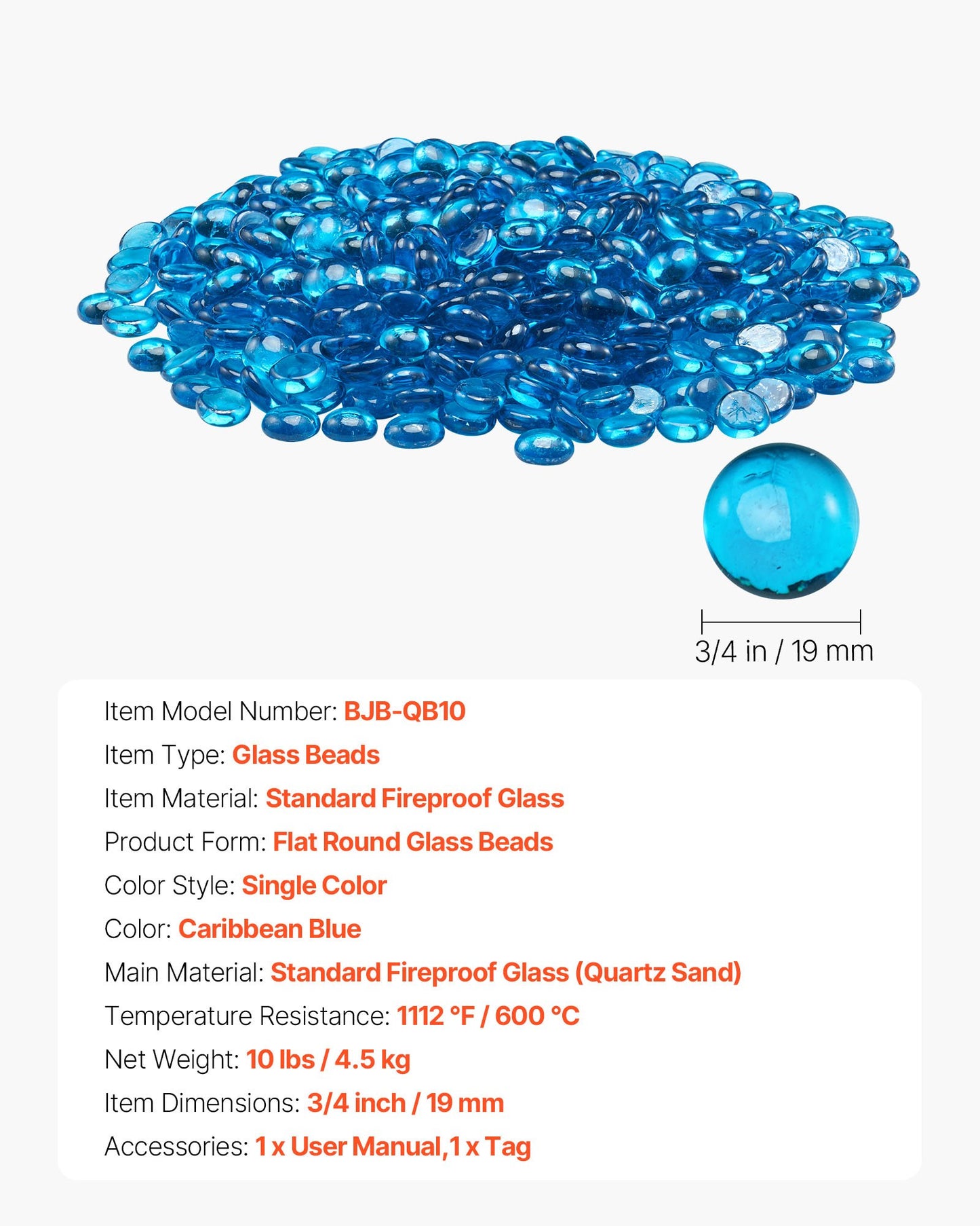 Fire Glass, 10 lbs / 4.5 kg High-Temperature Resistant Fireplace Rocks, 3/4-Inch / 19.05 mm Reflective Firepit Glass Beads, High Luster Stone Landscaping for Fire Pit Table, Caribbean Blue