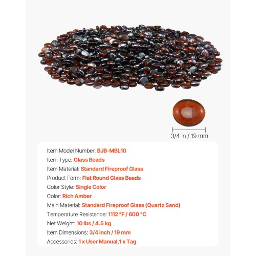 10LBS Fire Glass 3/4-inch Fire Glass Stones for Fireplace Rich Amber | EU