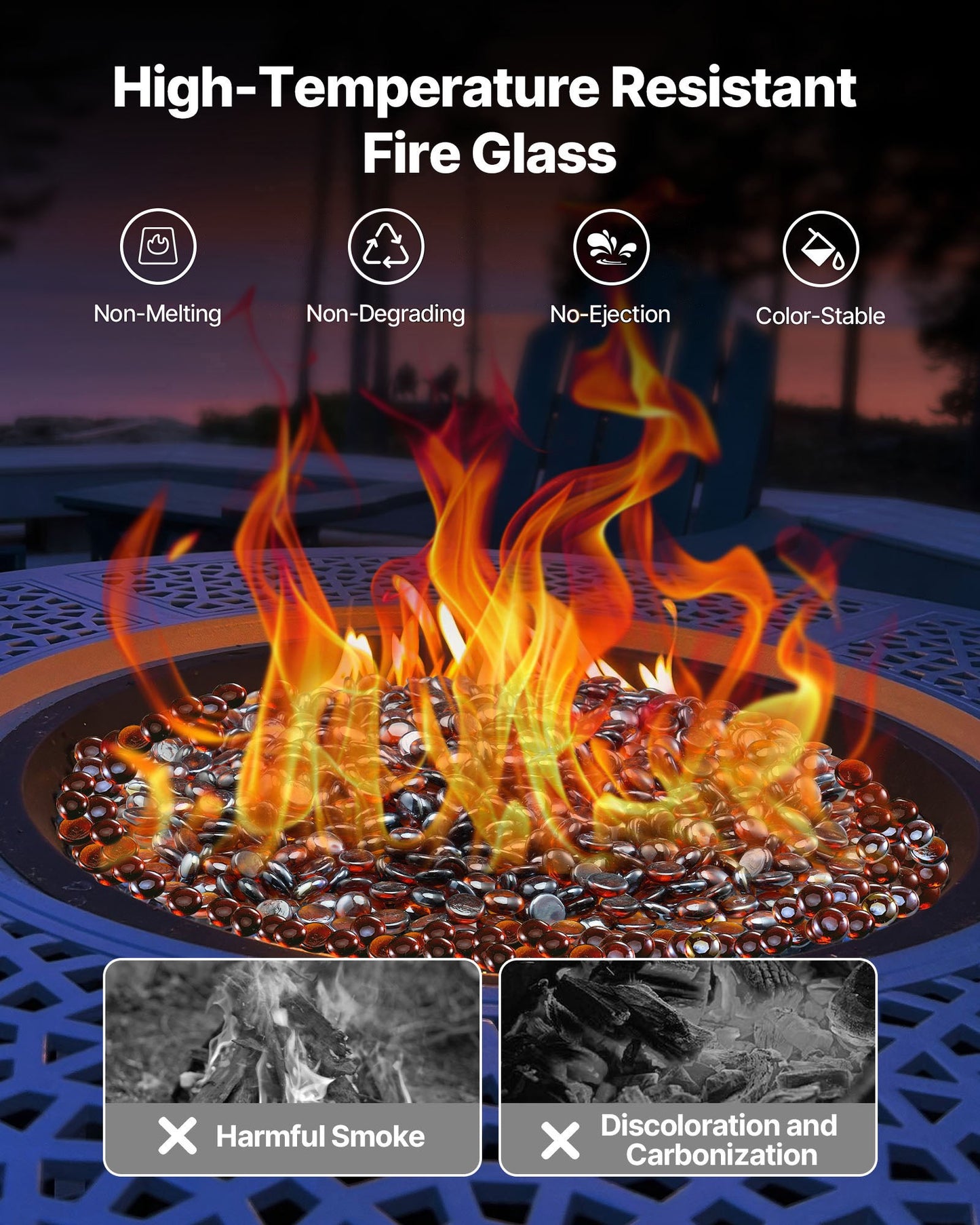 Fire Glass, 10LBS / 4.5KG High-Temperature Resistant Fireplace Rocks, 3/4-Inch / 19.05 mm Reflective & Smokeless Firepit Glass Beads, High Luster Stone Landscaping for Fire Pit Table, Rich Amber