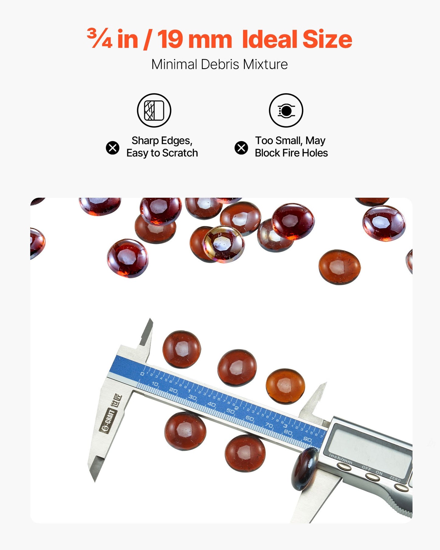 Fire Glass, 10LBS / 4.5KG High-Temperature Resistant Fireplace Rocks, 3/4-Inch / 19.05 mm Reflective & Smokeless Firepit Glass Beads, High Luster Stone Landscaping for Fire Pit Table, Rich Amber