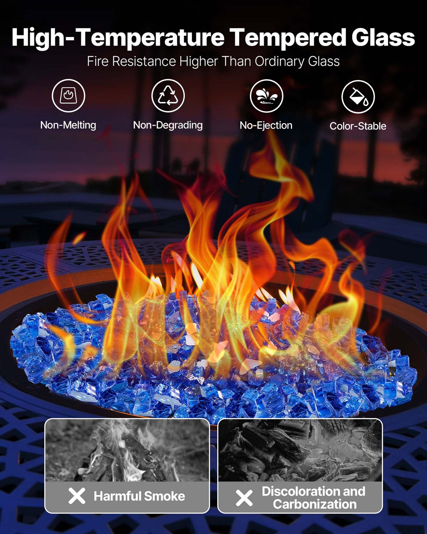 Fire Glass, 20LBS / 9KG High-Temperature Resistant Fireplace Rocks, 1/2-Inch / 12.7 mm Reflective & Smokeless Firepit Glass Rock, High Luster Stone Landscaping for Fire Pit Table, Cobalt Blue