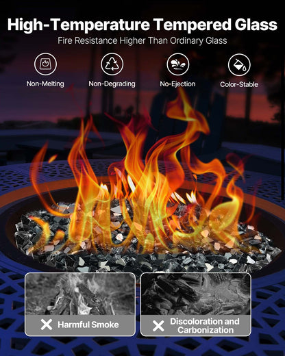 Fire Glass, 20 LBS / 9.0 KG High-Temperature Resistant Fireplace Rocks, 1/2-Inch / 12.7 mm Reflective & Smokeless Firepit Glass Rock, High Luster Stone Landscaping for Fire Pit Table, Black