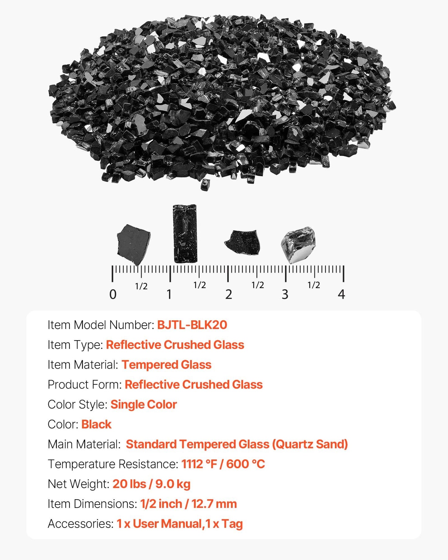Fire Glass, 20 LBS / 9.0 KG High-Temperature Resistant Fireplace Rocks, 1/2-Inch / 12.7 mm Reflective & Smokeless Firepit Glass Rock, High Luster Stone Landscaping for Fire Pit Table, Black