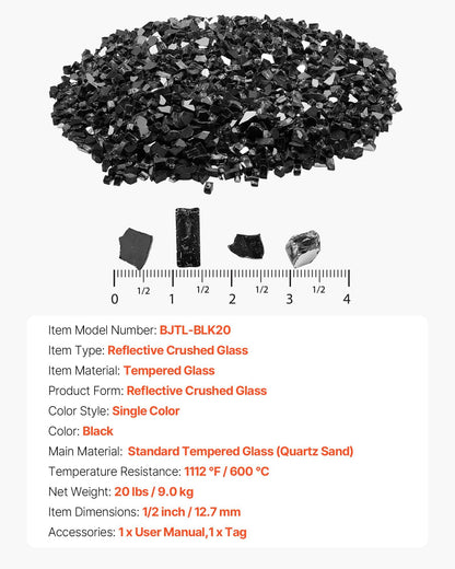 Fire Glass, 20 LBS / 9.0 KG High-Temperature Resistant Fireplace Rocks, 1/2-Inch / 12.7 mm Reflective & Smokeless Firepit Glass Rock, High Luster Stone Landscaping for Fire Pit Table, Black