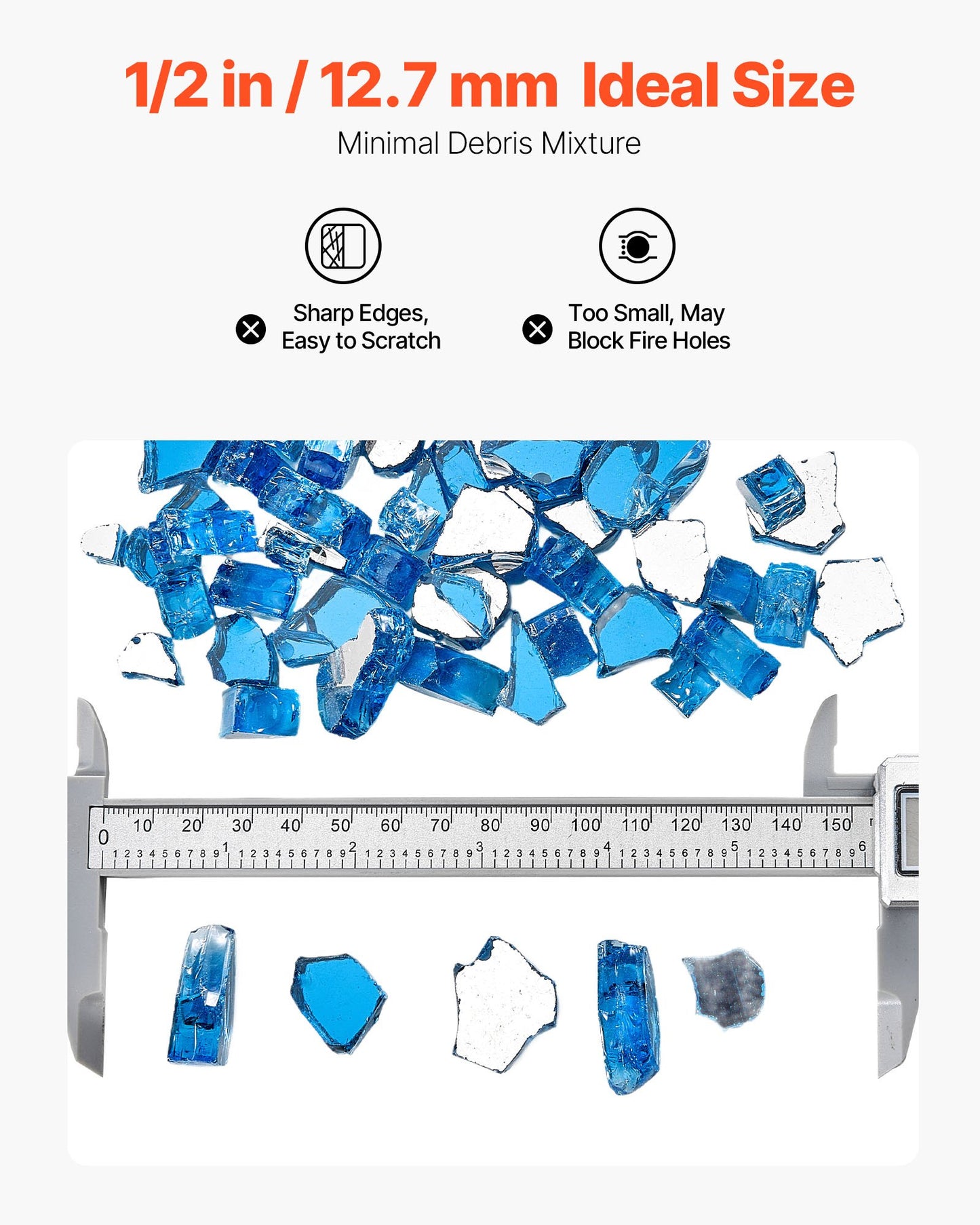 Fire Glass, 10LBS / 4.5KG High-Temperature Resistant Fireplace Rocks, 1/2-Inch / 12.7 mm Reflective & Smokeless Firepit Glass Rock, High Luster Stone Landscaping for Fire Pit Table, Pacific Blue