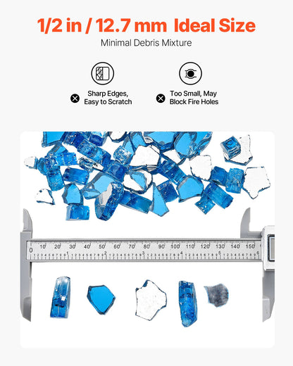 Fire Glass, 10LBS / 4.5KG High-Temperature Resistant Fireplace Rocks, 1/2-Inch / 12.7 mm Reflective & Smokeless Firepit Glass Rock, High Luster Stone Landscaping for Fire Pit Table, Pacific Blue
