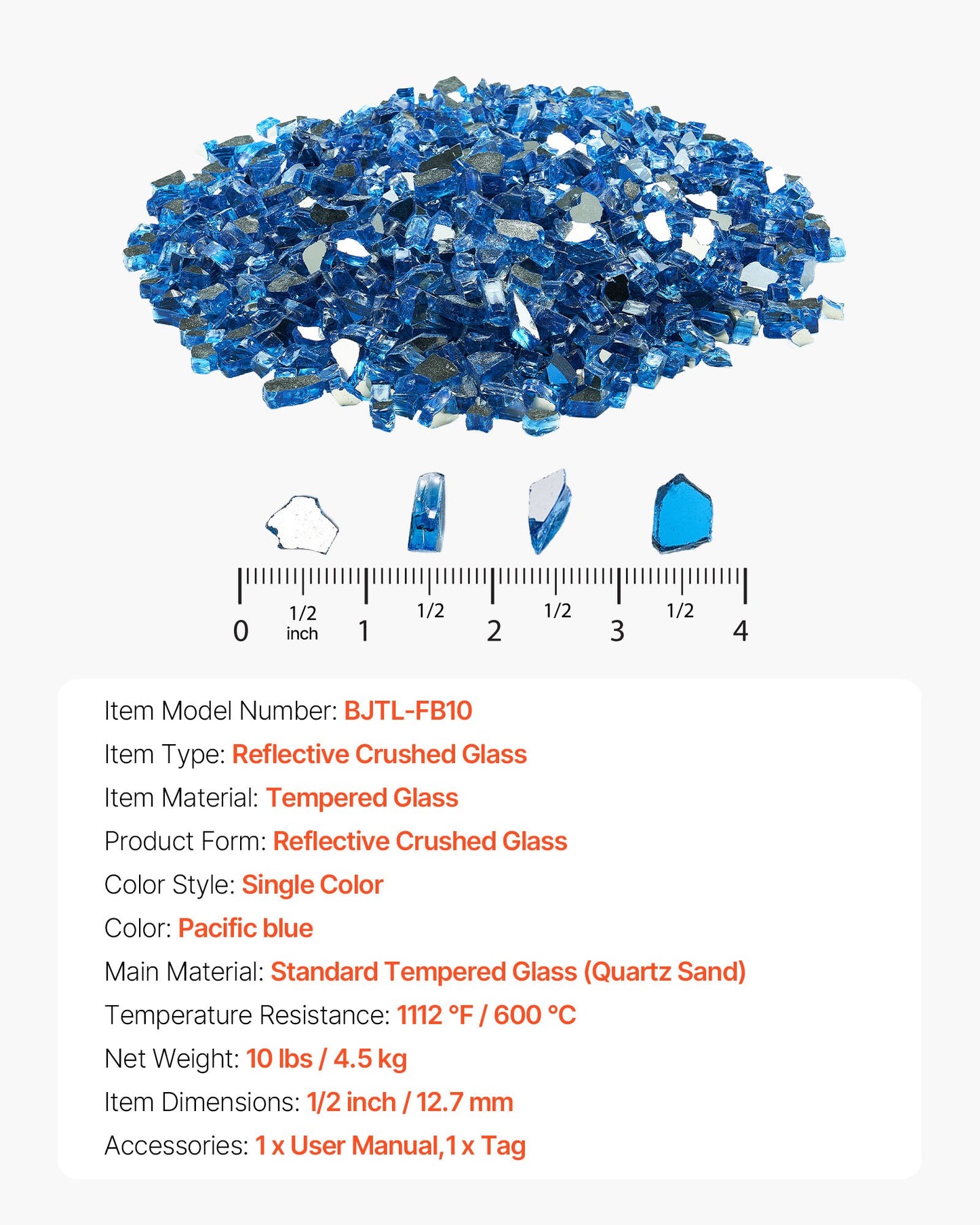 Fire Glass, 10LBS / 4.5KG High-Temperature Resistant Fireplace Rocks, 1/2-Inch / 12.7 mm Reflective & Smokeless Firepit Glass Rock, High Luster Stone Landscaping for Fire Pit Table, Pacific Blue