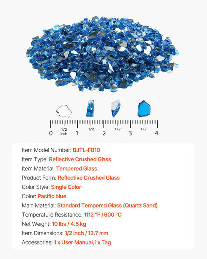 Fire Glass, 10LBS / 4.5KG High-Temperature Resistant Fireplace Rocks, 1/2-Inch / 12.7 mm Reflective & Smokeless Firepit Glass Rock, High Luster Stone Landscaping for Fire Pit Table, Pacific Blue