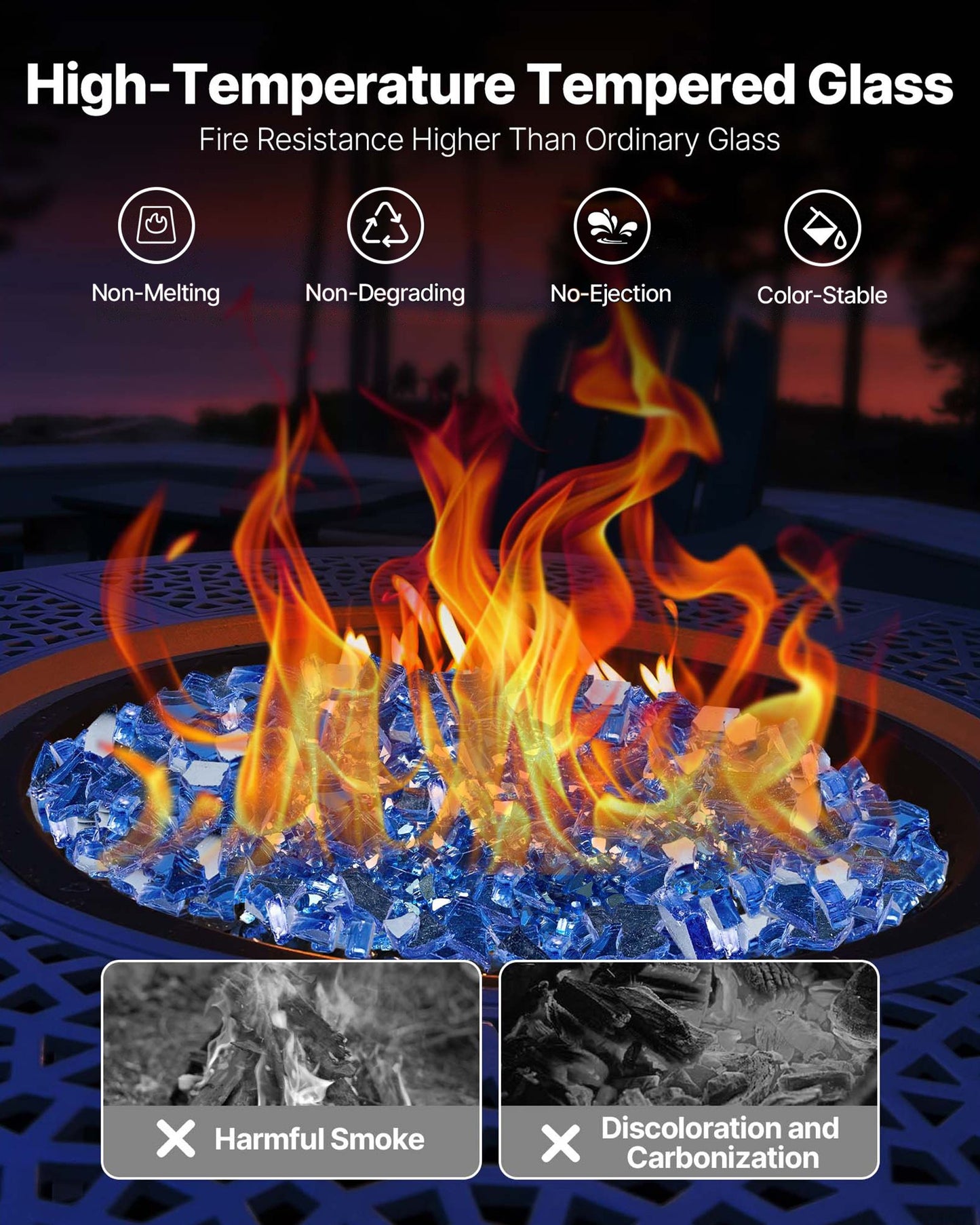 Fire Glass, 10LBS / 4.5KG High-Temperature Resistant Fireplace Rocks, 1/4-Inch / 6.35 mm Reflective & Smokeless Firepit Glass Rock, High Luster Stone Landscaping for Fire Pit Table, Cobalt Blue