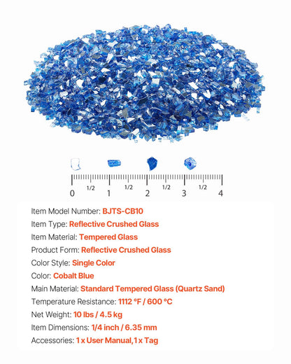 Fire Glass, 10LBS / 4.5KG High-Temperature Resistant Fireplace Rocks, 1/4-Inch / 6.35 mm Reflective & Smokeless Firepit Glass Rock, High Luster Stone Landscaping for Fire Pit Table, Cobalt Blue