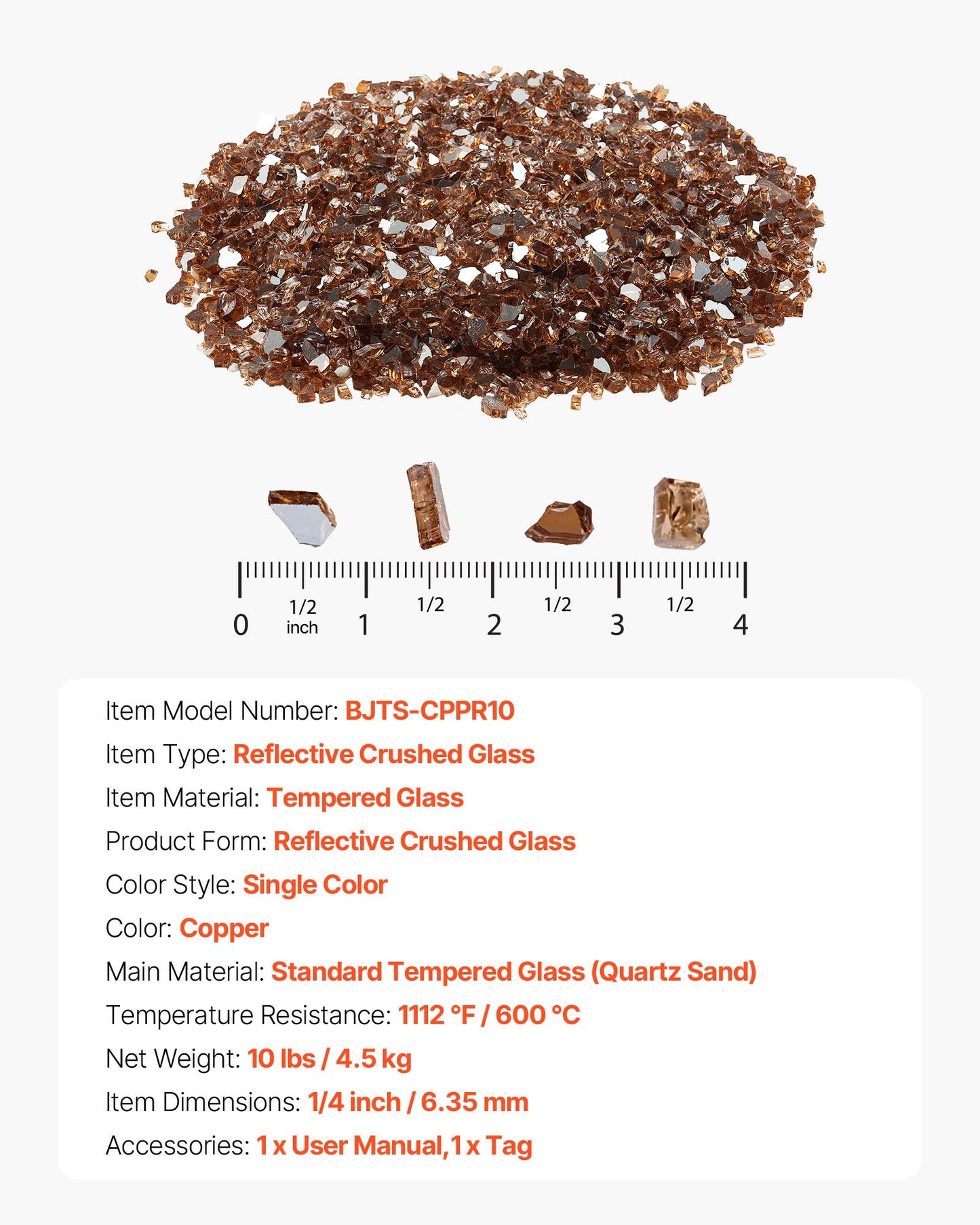 Fire Glass, 10 LBS / 4.5 KG High-Temperature Resistant Fireplace Rocks, 1/4-Inch / 6.35 mm Reflective & Smokeless Firepit Glass Rock, High Luster Stone Landscaping for Fire Pit Table, Copper