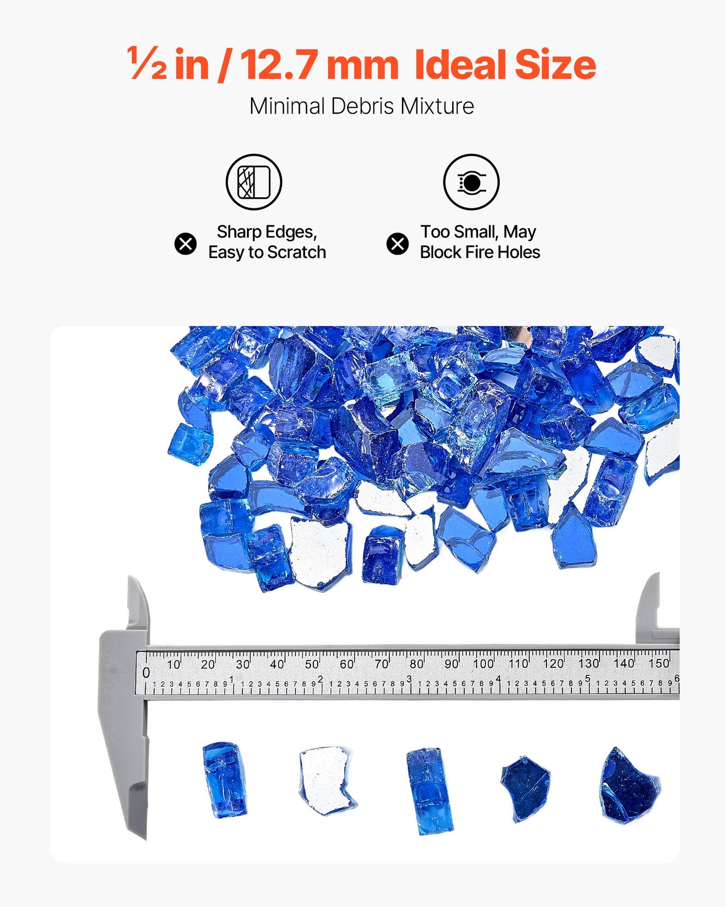 Fire Glass, 35LBS / 15.88KG High-Temperature Resistant Fireplace Rocks, 1/2-Inch / 12.7mm Reflective & Smokeless Firepit Glass Rock, High Luster Stone Landscaping for Fire Pit Table, Cobalt Blue