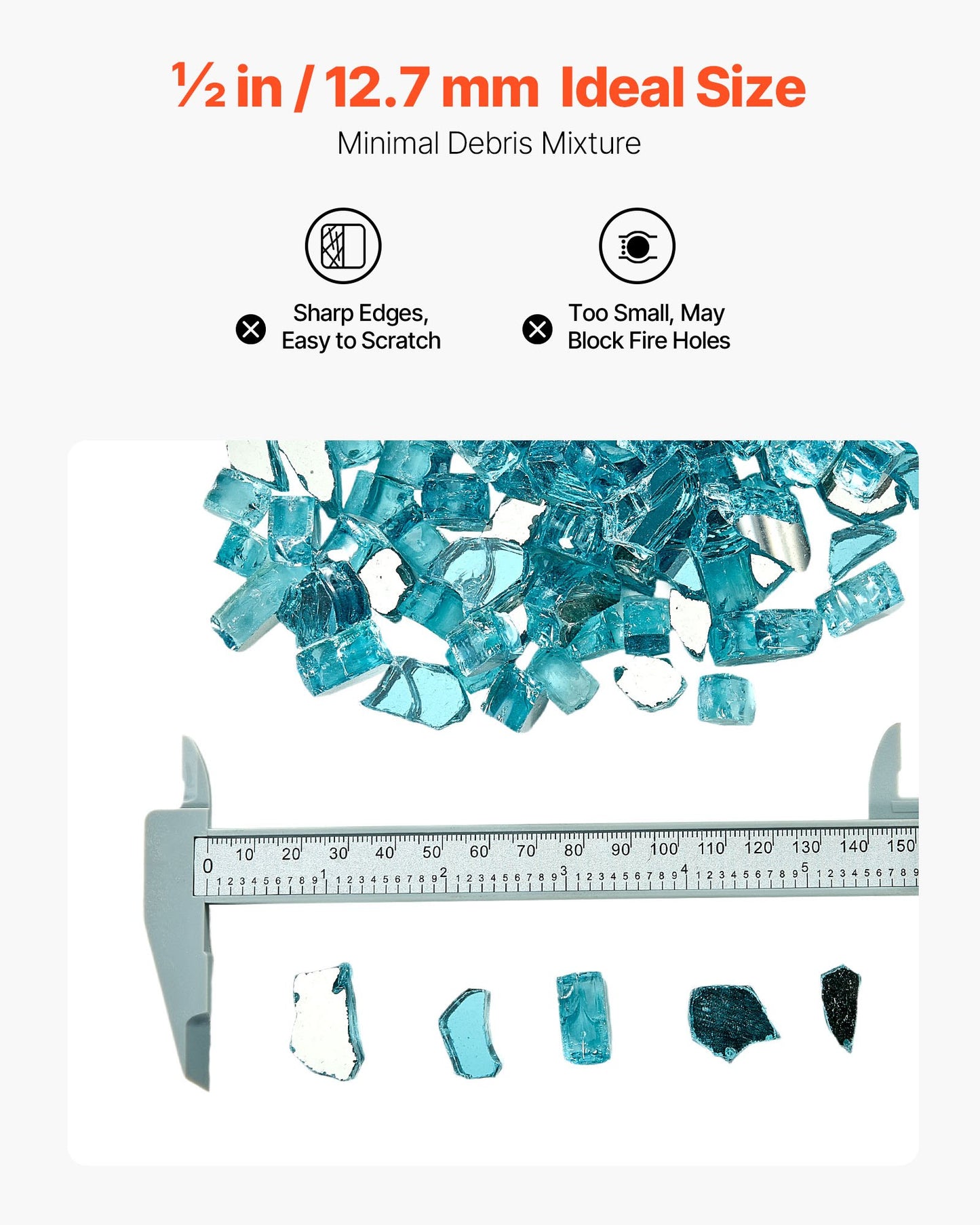 Fire Glass, 10 LBS / 4.5 KG High-Temperature Resistant Fireplace Rocks, 1/2-Inch / 12.7 mm Reflective & Smokeless Firepit Glass Rock, High Luster Stone Landscaping for Fire Pit Table, Aqua Blue