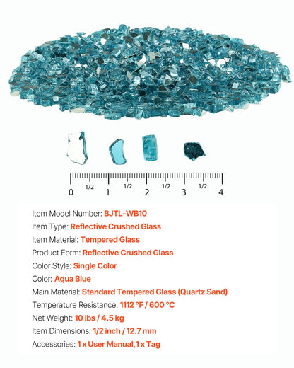 Fire Glass, 10 LBS / 4.5 KG High-Temperature Resistant Fireplace Rocks, 1/2-Inch / 12.7 mm Reflective & Smokeless Firepit Glass Rock, High Luster Stone Landscaping for Fire Pit Table, Aqua Blue