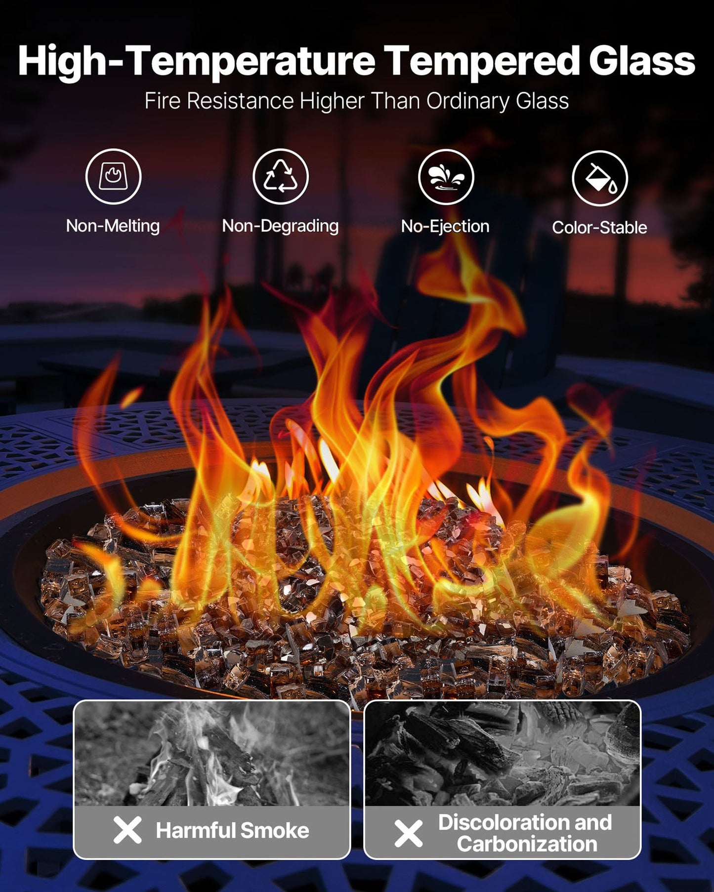 Fire Glass, 20 LBS / 9.0 KG High-Temperature Resistant Fireplace Rocks, 1/2-Inch / 12.7 mm Reflective & Smokeless Firepit Glass Rock, High Luster Stone Landscaping for Fire Pit Table, Copper