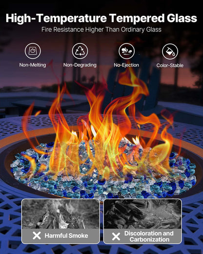 Fire Glass, 10 LBS / 4.5 KG Fireplace Rocks, 1/2-Inch / 12.7 mm Reflective Firepit Glass Rock, High Luster & Smokeless Stone Landscaping for Fire Pit Table, Cobalt Blue + Aqua Blue + Clear