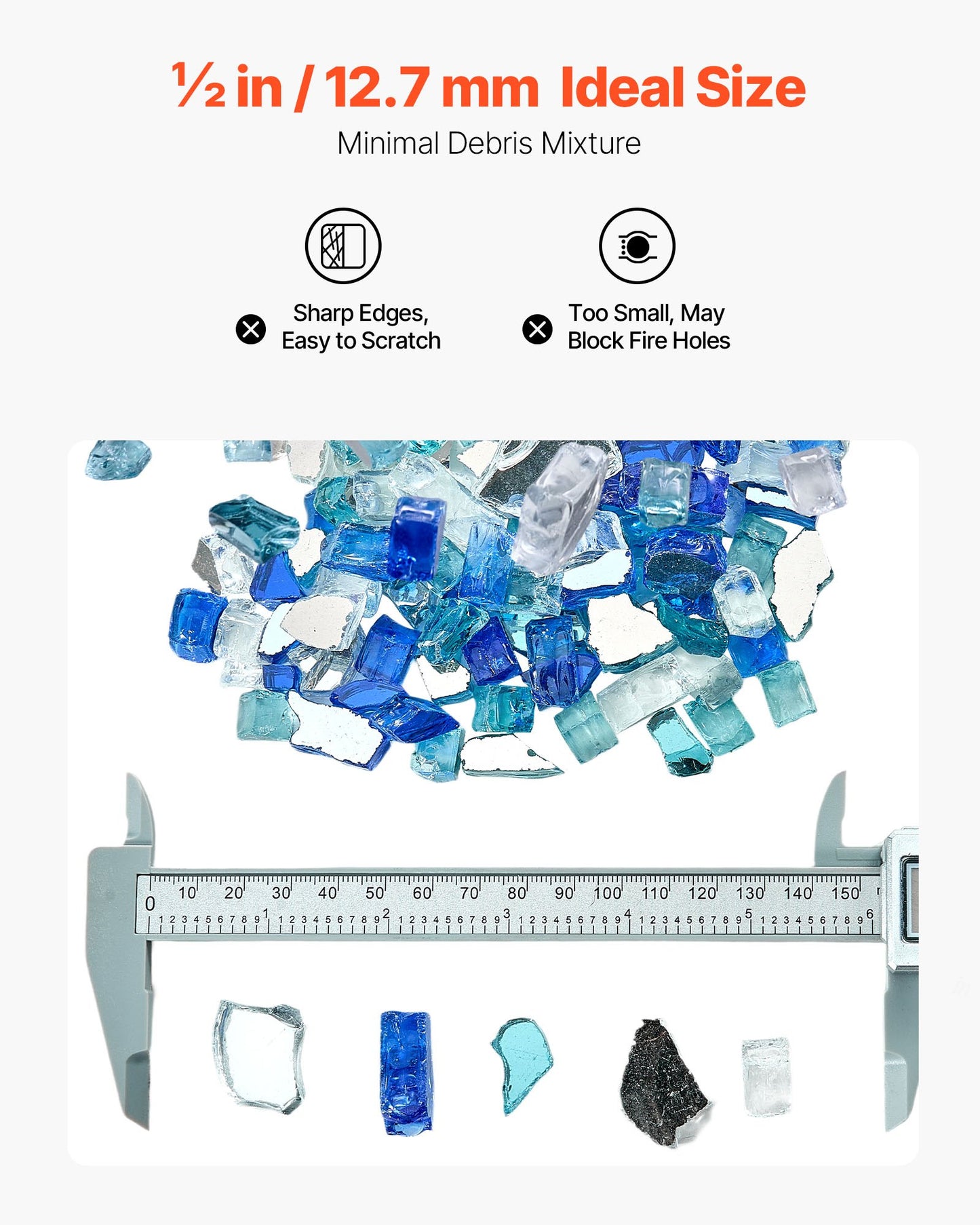 Fire Glass, 10 LBS / 4.5 KG Fireplace Rocks, 1/2-Inch / 12.7 mm Reflective Firepit Glass Rock, High Luster & Smokeless Stone Landscaping for Fire Pit Table, Cobalt Blue + Aqua Blue + Clear