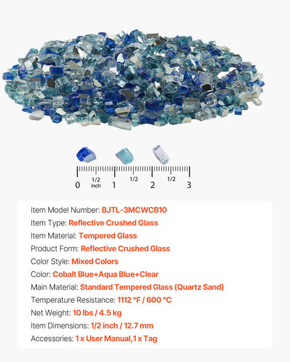 Fire Glass, 10 LBS / 4.5 KG Fireplace Rocks, 1/2-Inch / 12.7 mm Reflective Firepit Glass Rock, High Luster & Smokeless Stone Landscaping for Fire Pit Table, Cobalt Blue + Aqua Blue + Clear