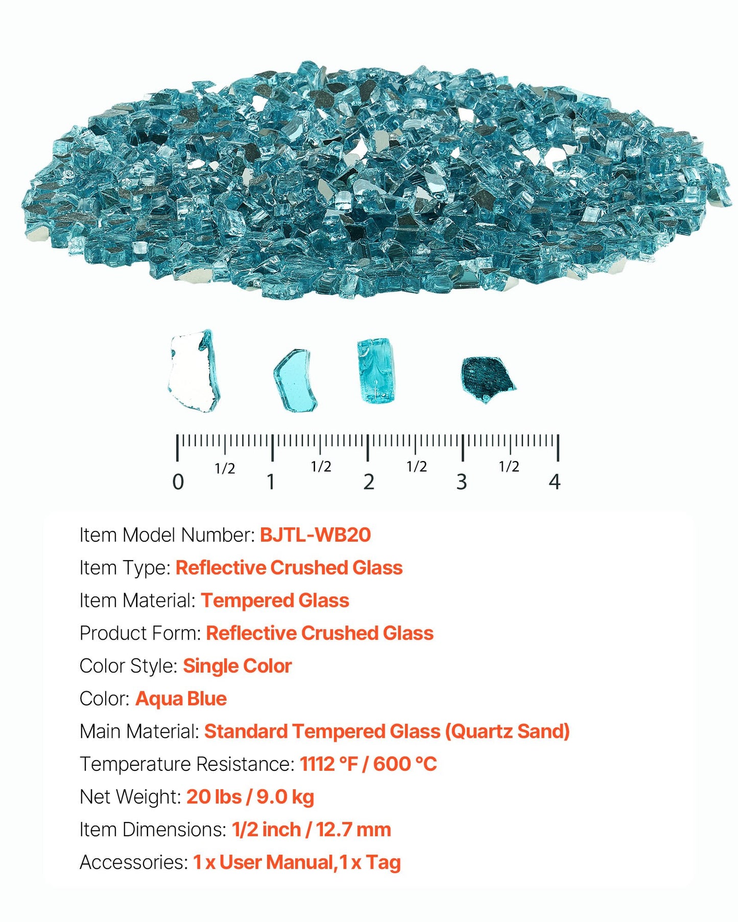 Fire Glass, 20 LBS / 9 KG High-Temperature Resistant Fireplace Rocks, 1/2-Inch / 12.7 mm Reflective & Smokeless Firepit Glass Rock, High Luster Stone Landscaping for Fire Pit Table, Aqua Blue