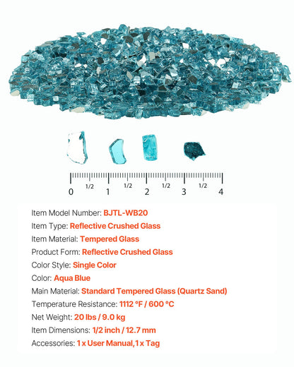Fire Glass, 20 LBS / 9 KG High-Temperature Resistant Fireplace Rocks, 1/2-Inch / 12.7 mm Reflective & Smokeless Firepit Glass Rock, High Luster Stone Landscaping for Fire Pit Table, Aqua Blue
