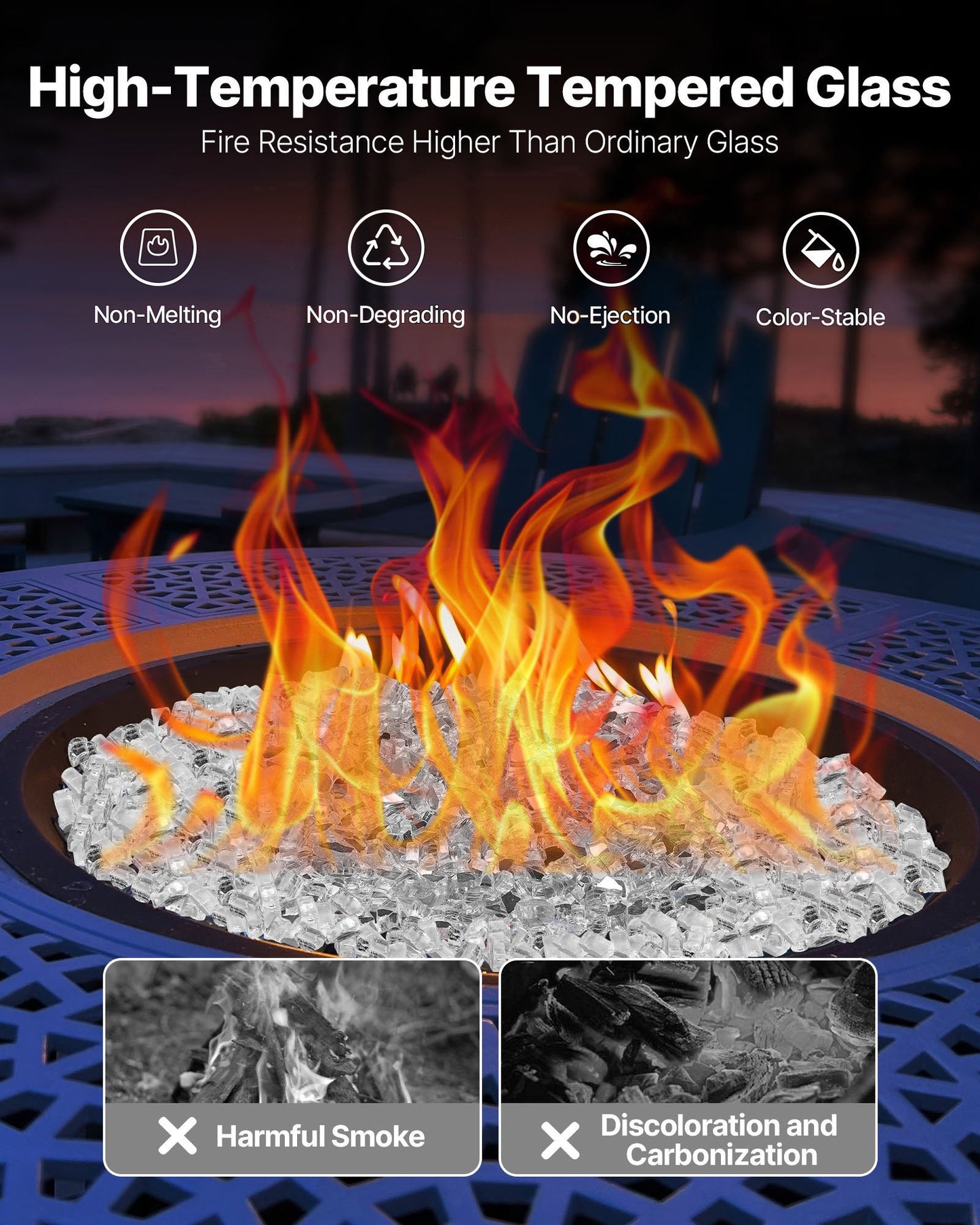 Fire Glass, 10 LBS / 4.5 KG High-Temperature Resistant Fireplace Rocks, 1/2-Inch / 12.7 mm Reflective & Smokeless Firepit Glass Rock, High Luster Stone Landscaping for Fire Pit Table, Clear