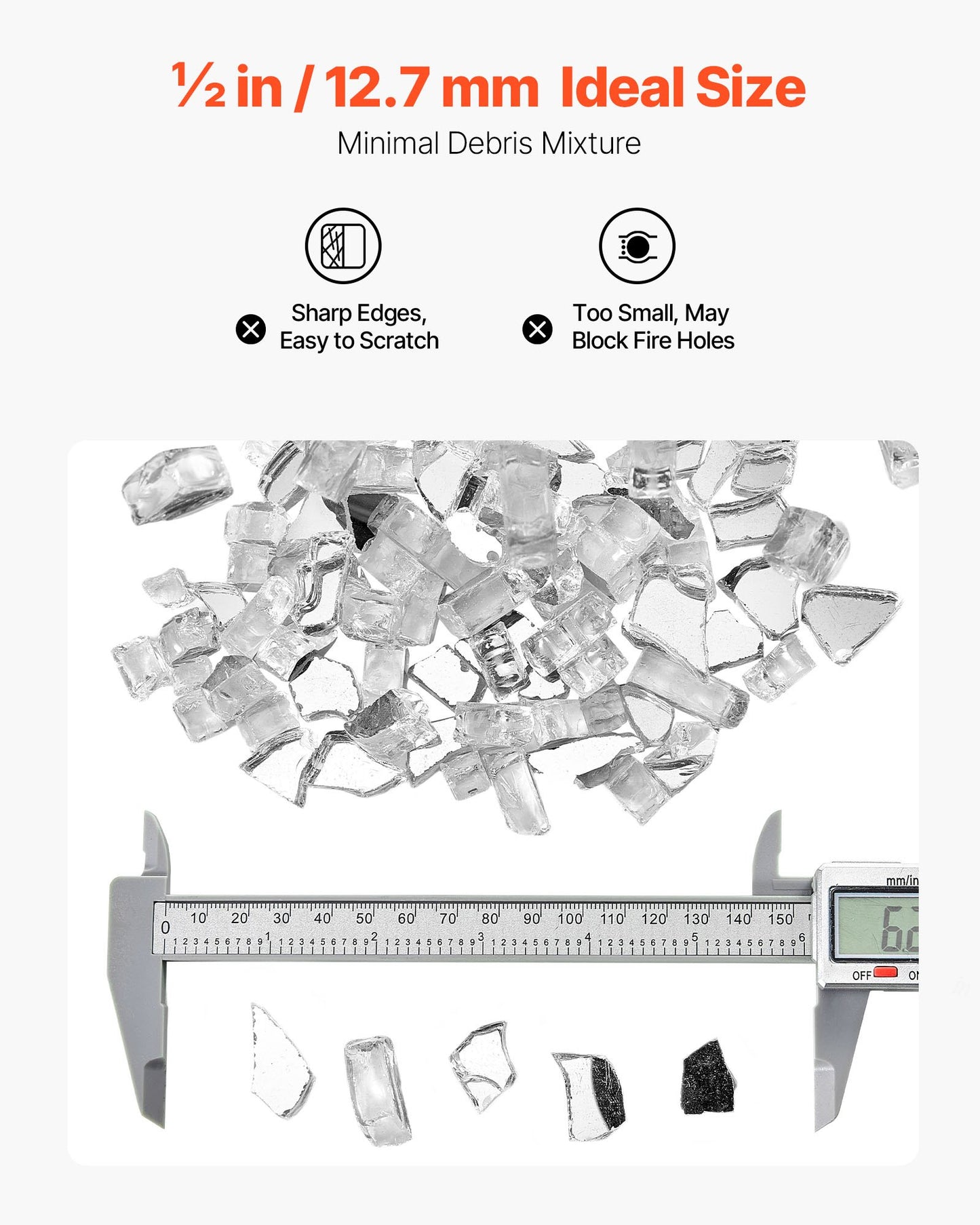 Fire Glass, 10 LBS / 4.5 KG High-Temperature Resistant Fireplace Rocks, 1/2-Inch / 12.7 mm Reflective & Smokeless Firepit Glass Rock, High Luster Stone Landscaping for Fire Pit Table, Clear