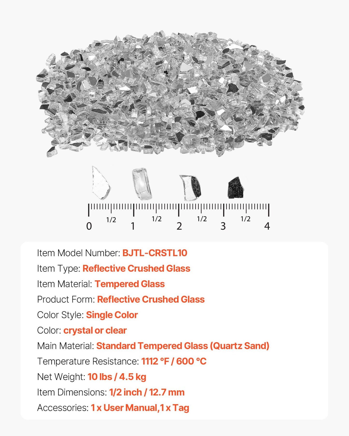 Fire Glass, 10 LBS / 4.5 KG High-Temperature Resistant Fireplace Rocks, 1/2-Inch / 12.7 mm Reflective & Smokeless Firepit Glass Rock, High Luster Stone Landscaping for Fire Pit Table, Clear