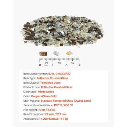4,5 kg Feuerglas 1,25 cm Feuersteine ​​für Kamin, Kupfer, Gold, Klar | EU