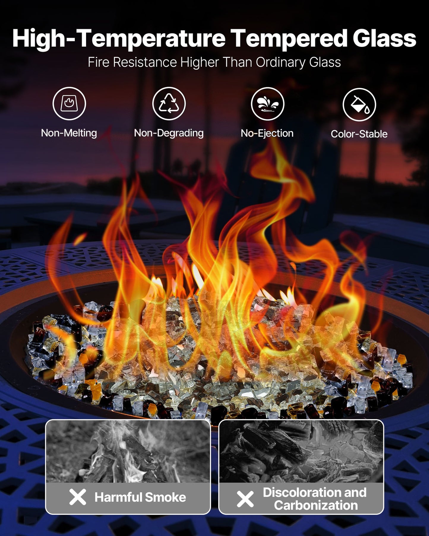 Fire Glass, 10 LBS / 4.5 KG High-Temperature Resistant Fireplace Rocks, 1/2-Inch / 12.7 mm Reflective Firepit Glass Rock, High Luster Stone Landscaping for Fire Pit Table, Copper + Clear + Gold