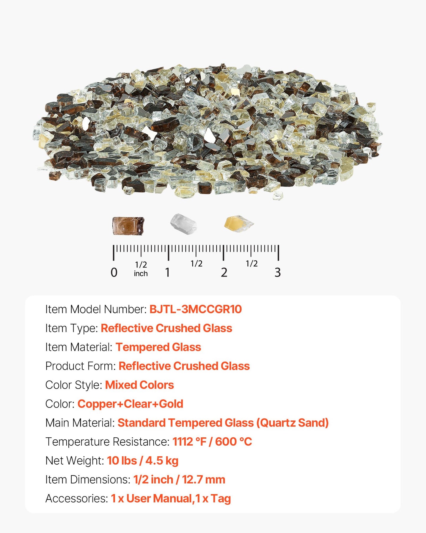 Fire Glass, 10 LBS / 4.5 KG High-Temperature Resistant Fireplace Rocks, 1/2-Inch / 12.7 mm Reflective Firepit Glass Rock, High Luster Stone Landscaping for Fire Pit Table, Copper + Clear + Gold