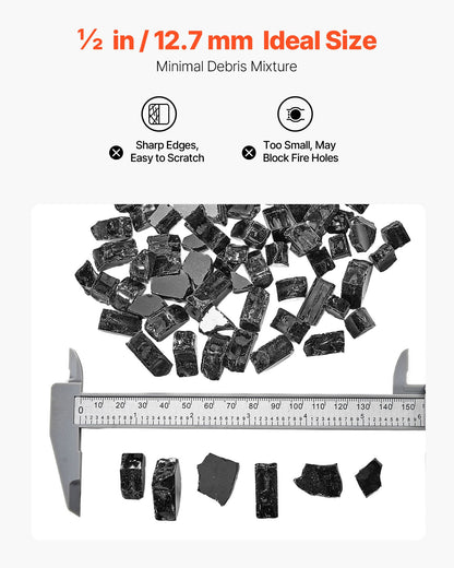 Fire Glass, 10 LBS / 4.5 KG High-Temperature Resistant Fireplace Rocks, 1/2-Inch / 12.7 mm Reflective & Smokeless Firepit Glass Rock, High Luster Stone Landscaping for Fire Pit Table, Black