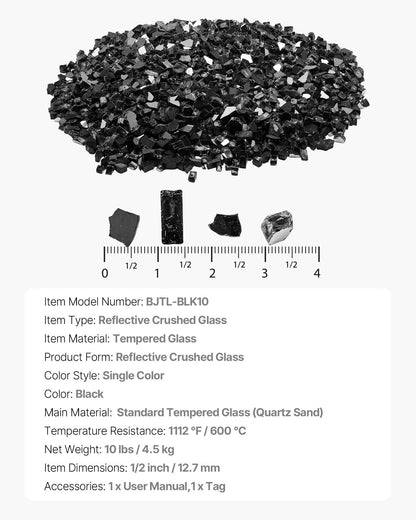 Fire Glass, 10 LBS / 4.5 KG High-Temperature Resistant Fireplace Rocks, 1/2-Inch / 12.7 mm Reflective & Smokeless Firepit Glass Rock, High Luster Stone Landscaping for Fire Pit Table, Black
