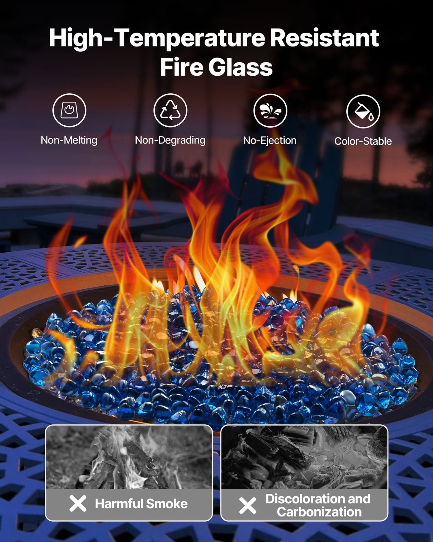 Fire Glass, 10LBS / 4.5KG High-Temperature Resistant Fireplace Rocks, 1 Inch / 25.4 mm Reflective Firepit Glass Diamond Beads, High Luster Stone Landscaping for Fire Pit Table, Caribbean Blue