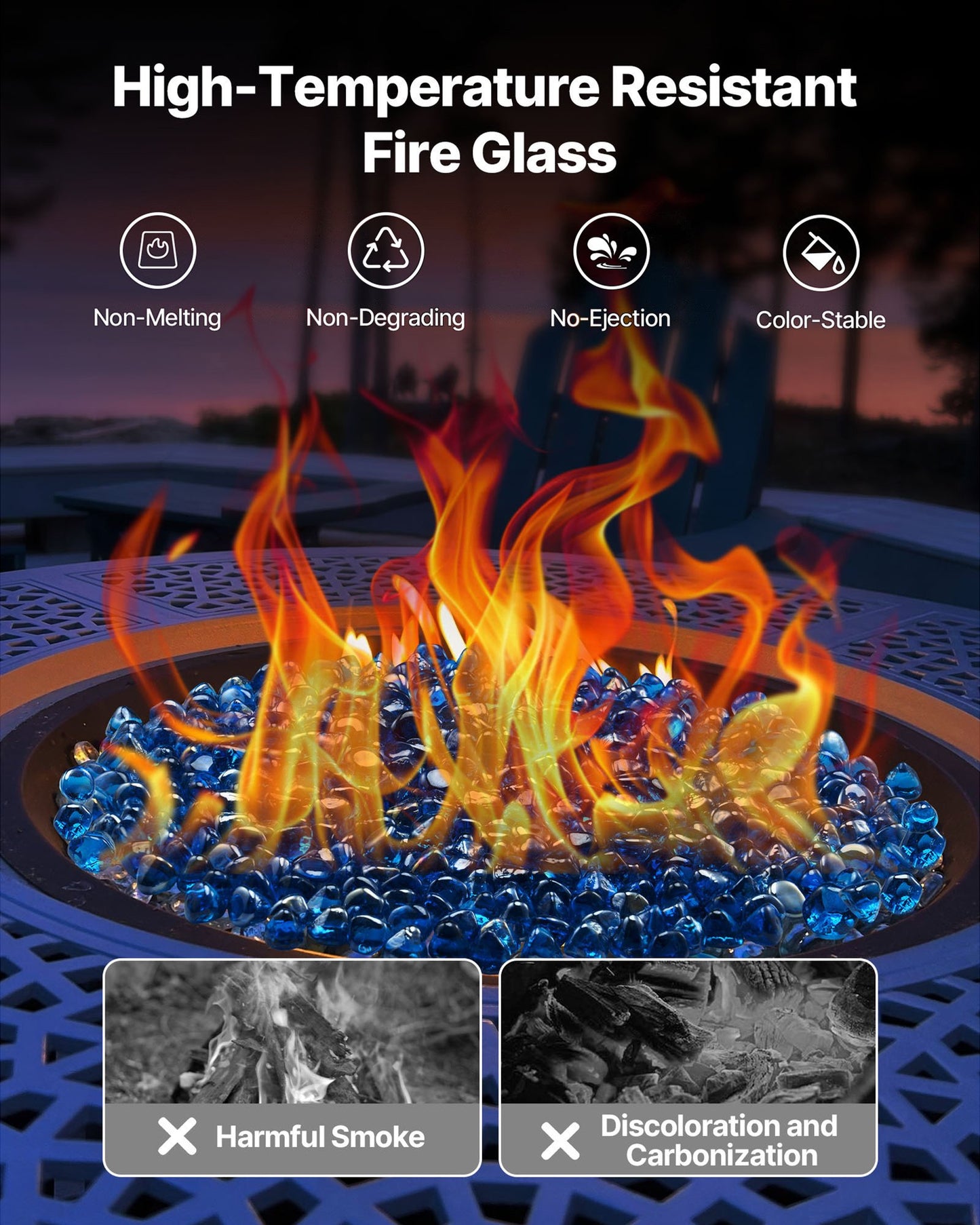 Fire Glass, 20 LBS / 9 KG High-Temperature Resistant Fireplace Rocks, 1 Inch / 25.4 mm Reflective Firepit Glass Diamond Beads, High Luster Stone Landscaping for Fire Pit Table, Caribbean Blue